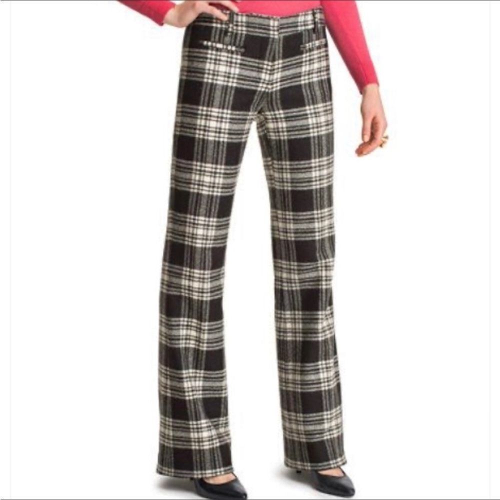 L.L. Bean black and cream plaid 100% Wool flare signature trousers size 10
